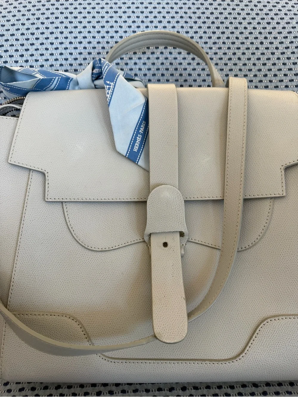 Senreve Pebbled Leather Tote in Light Gray with Blue Scarf